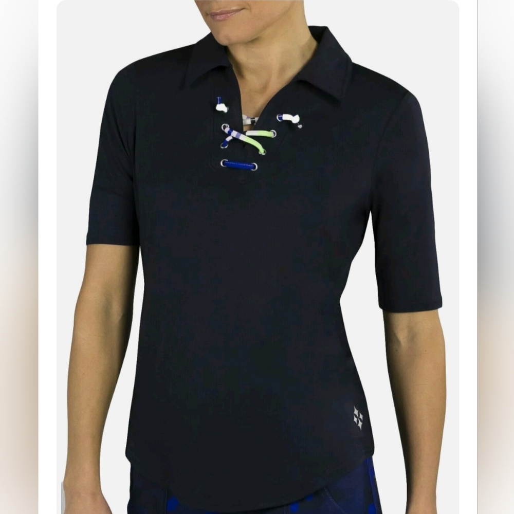 NWT! Jofit 3/4 Sleeve Lace-up Polo top. MEDIUM.  Midnight (Navy)